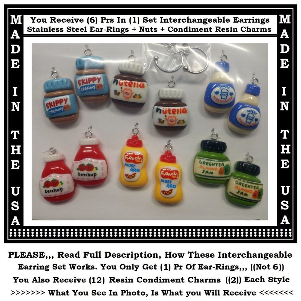 6/$10 Condiment Nutella Mustard Interchangeable Charm Earrings-6 Pairs in Set